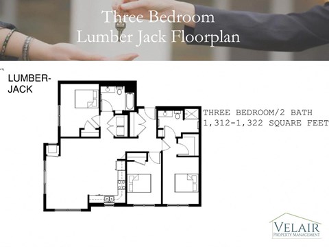 Floor plan for 3 beds, 2 baths, 1322 sqft